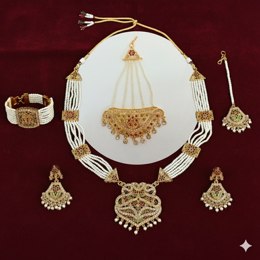 Gold Plated Pearl & Kundan Bridal Jewelry Set – Necklace, Choker, Earrings, Maang Tikka & Bracelet for Women
